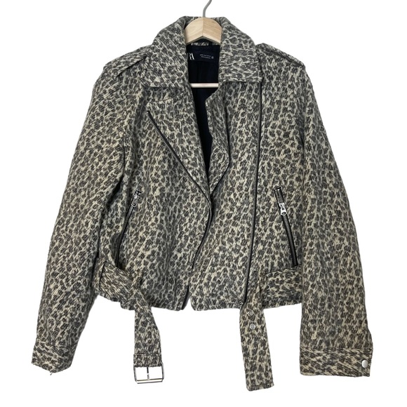 Zara Womens Wool Animal Print Asymmetrical Zip Belted Cropped Moto Jacket Size S - Picture 4 of 14